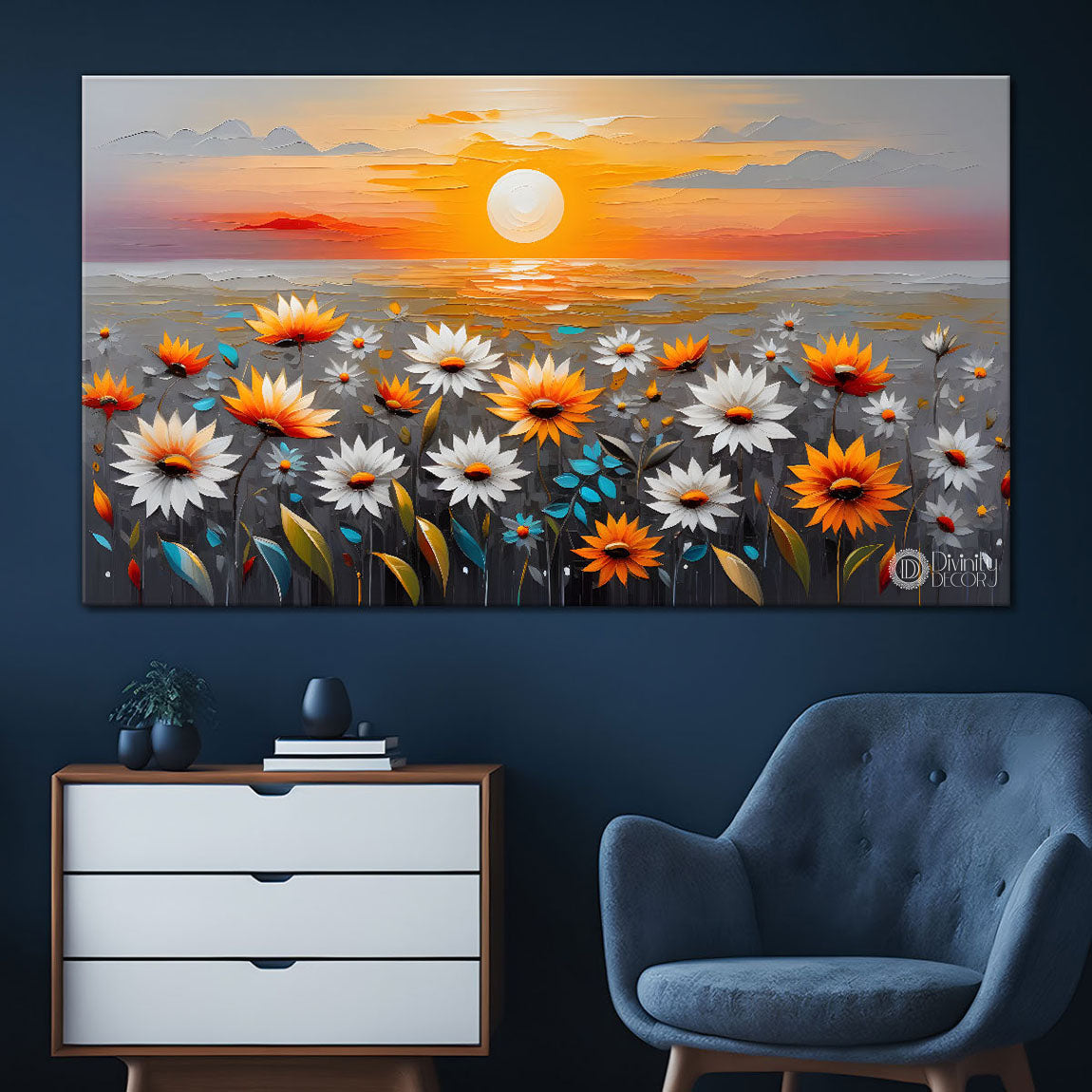 Sunset and flowers in textured painting Canvas Painting - Nature Art -246