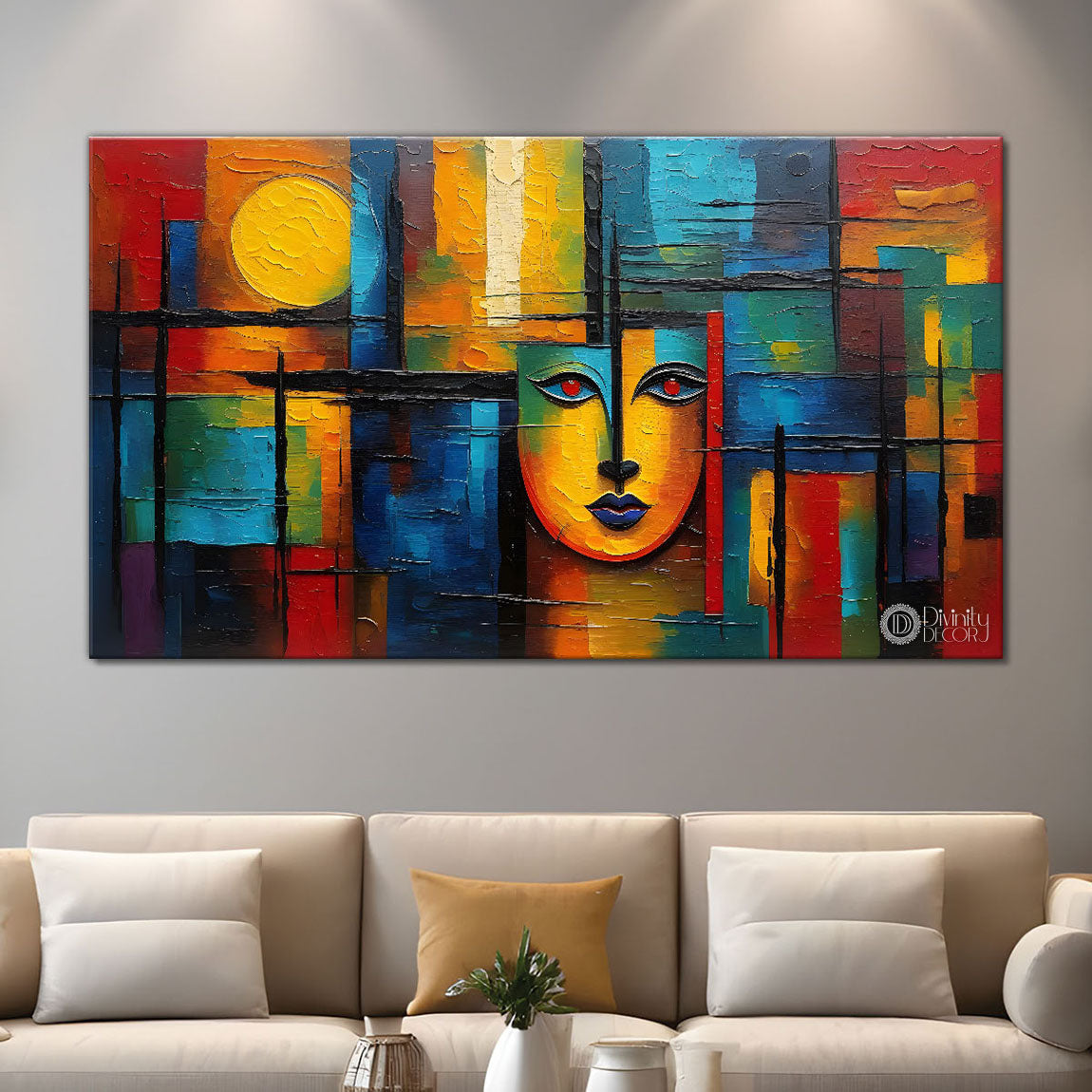 Sun and face in colorful background textured art Canvas Painting - Design - Modern-L-247