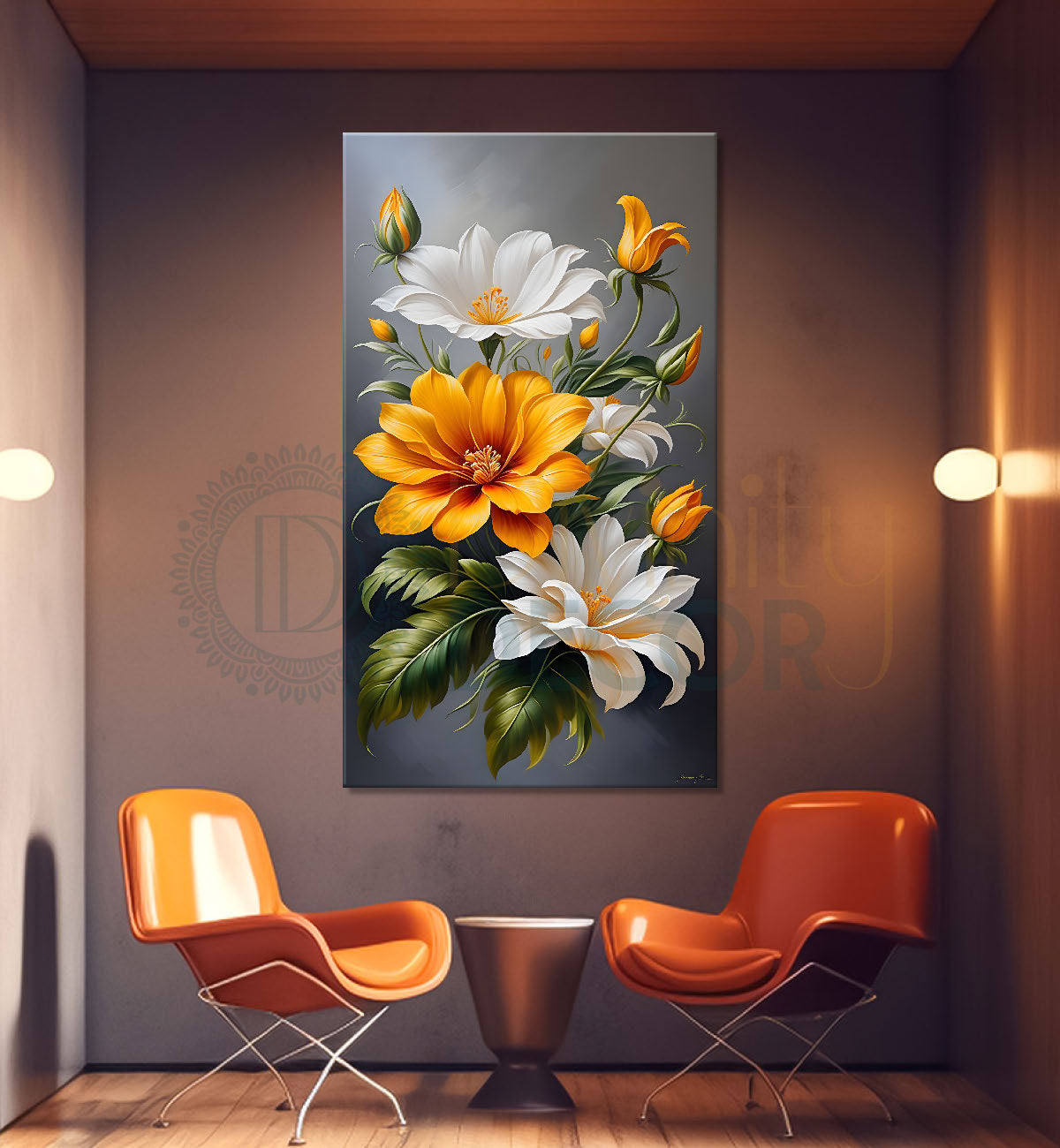 White and orange flowers in grey textured painting- Flower-V-247