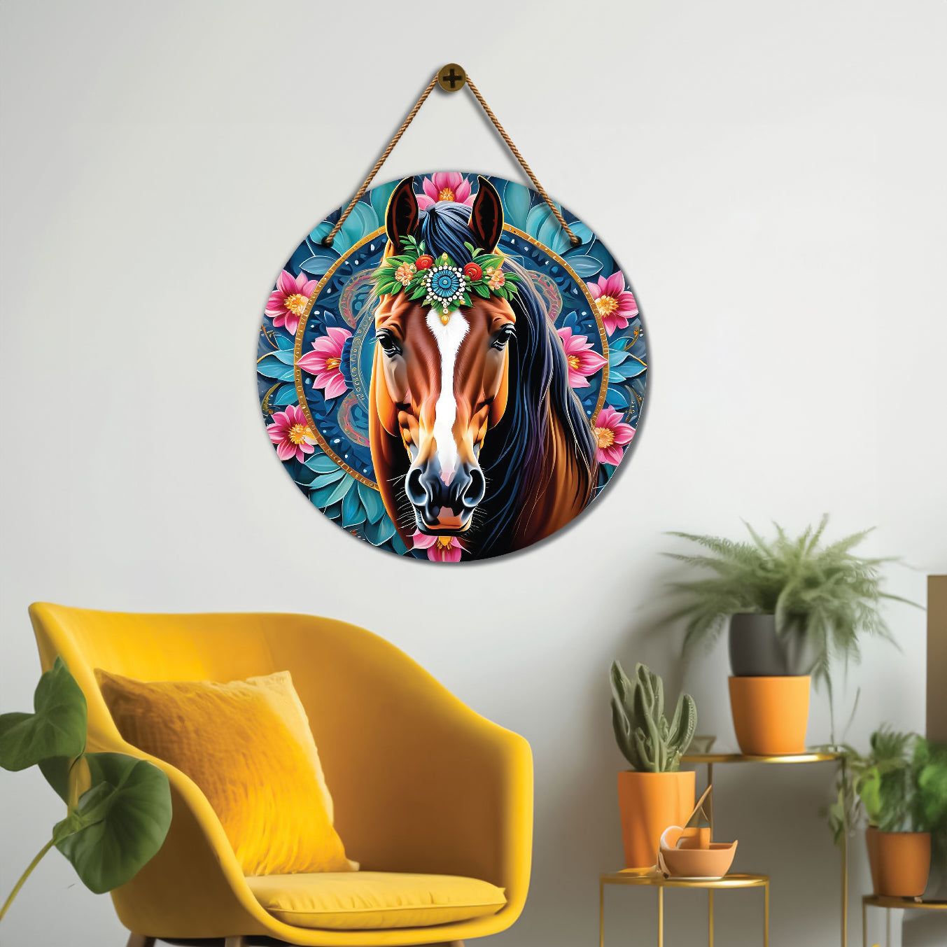 Horse in blue and purple mandala Round Wooden Wall Hanging for wall Décor - Design - 248