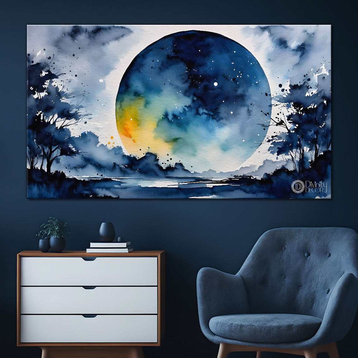 Mountains with trees and moon painting Canvas Painting - Nature Art -248