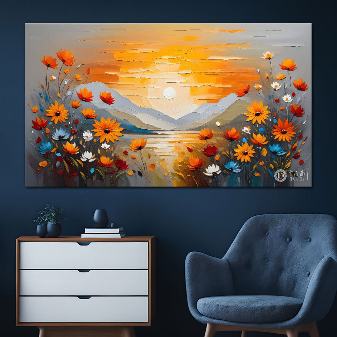 Mountains with flowers and sunset painting Canvas Painting - Nature Art -249