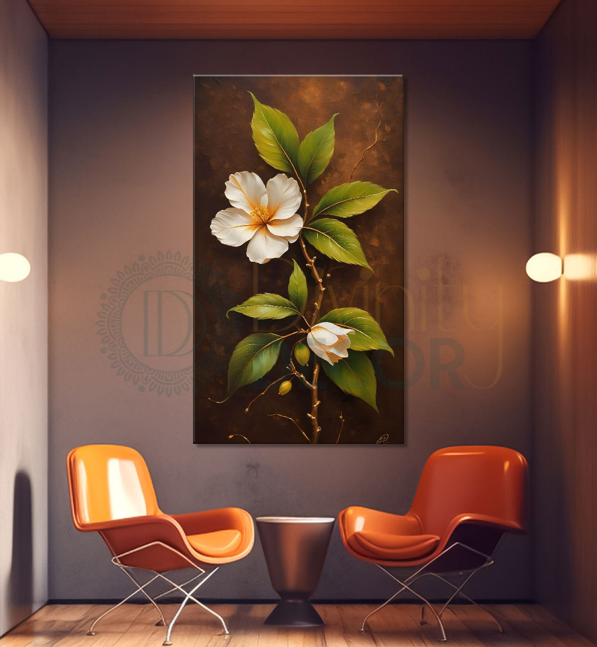 White flowers in brown textured painting- Flower-V-249