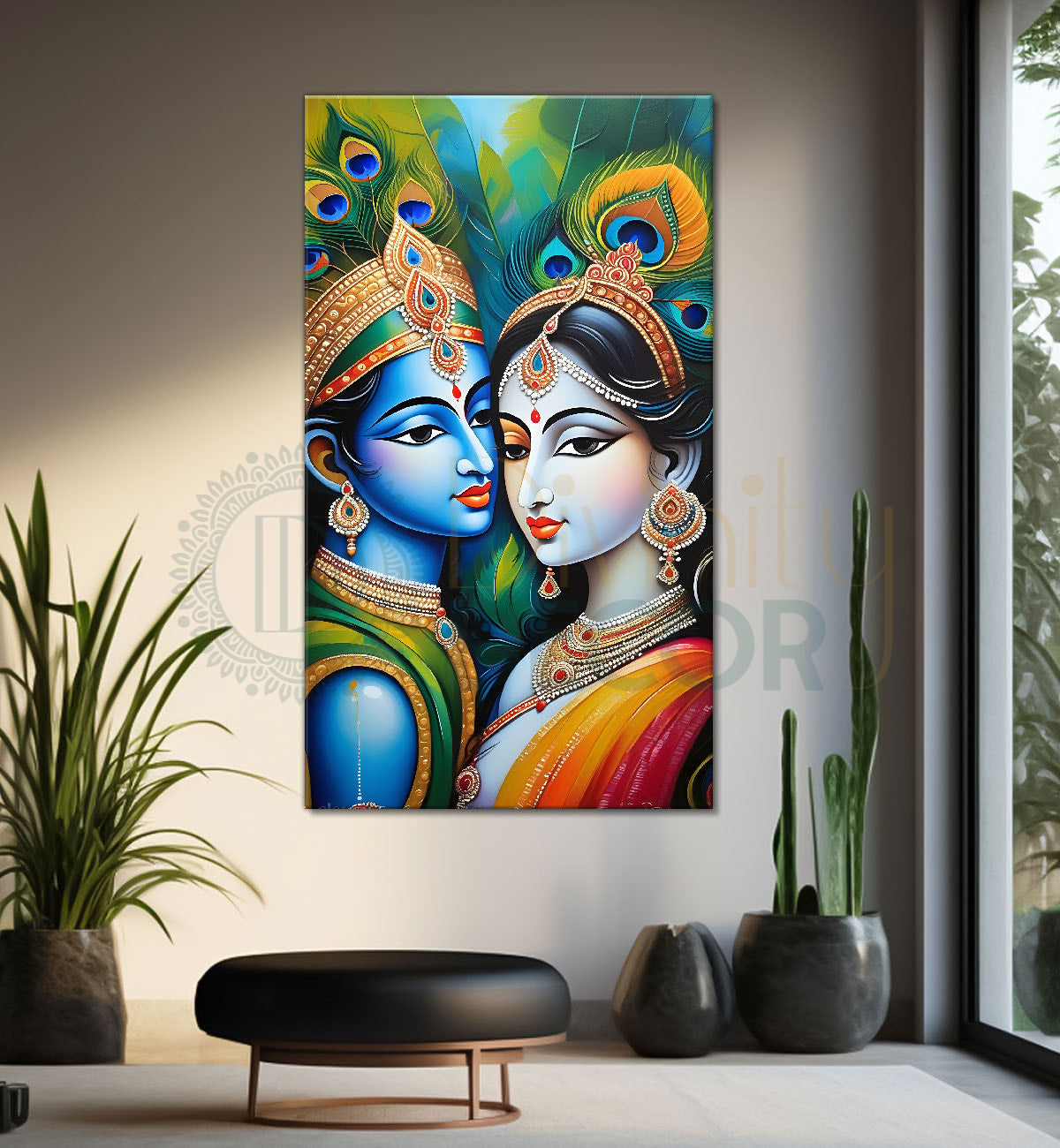 Blue face of krishna with radha in peacock feathers background textured art  Canvas Painting - Design - Krishna-V-24