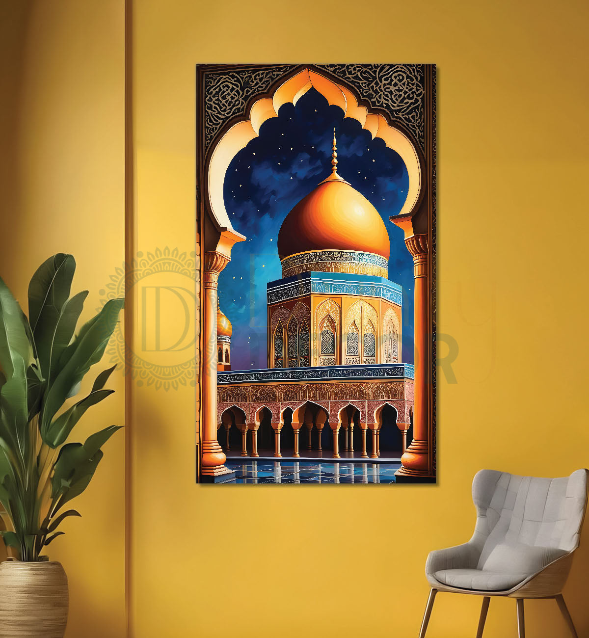 Golden islamic mosque with blue background oil painting - Islamic paintings-V-24