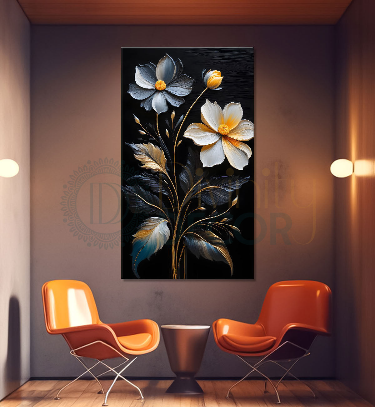 White and blue flowers in black textured painting- Flower-V-250