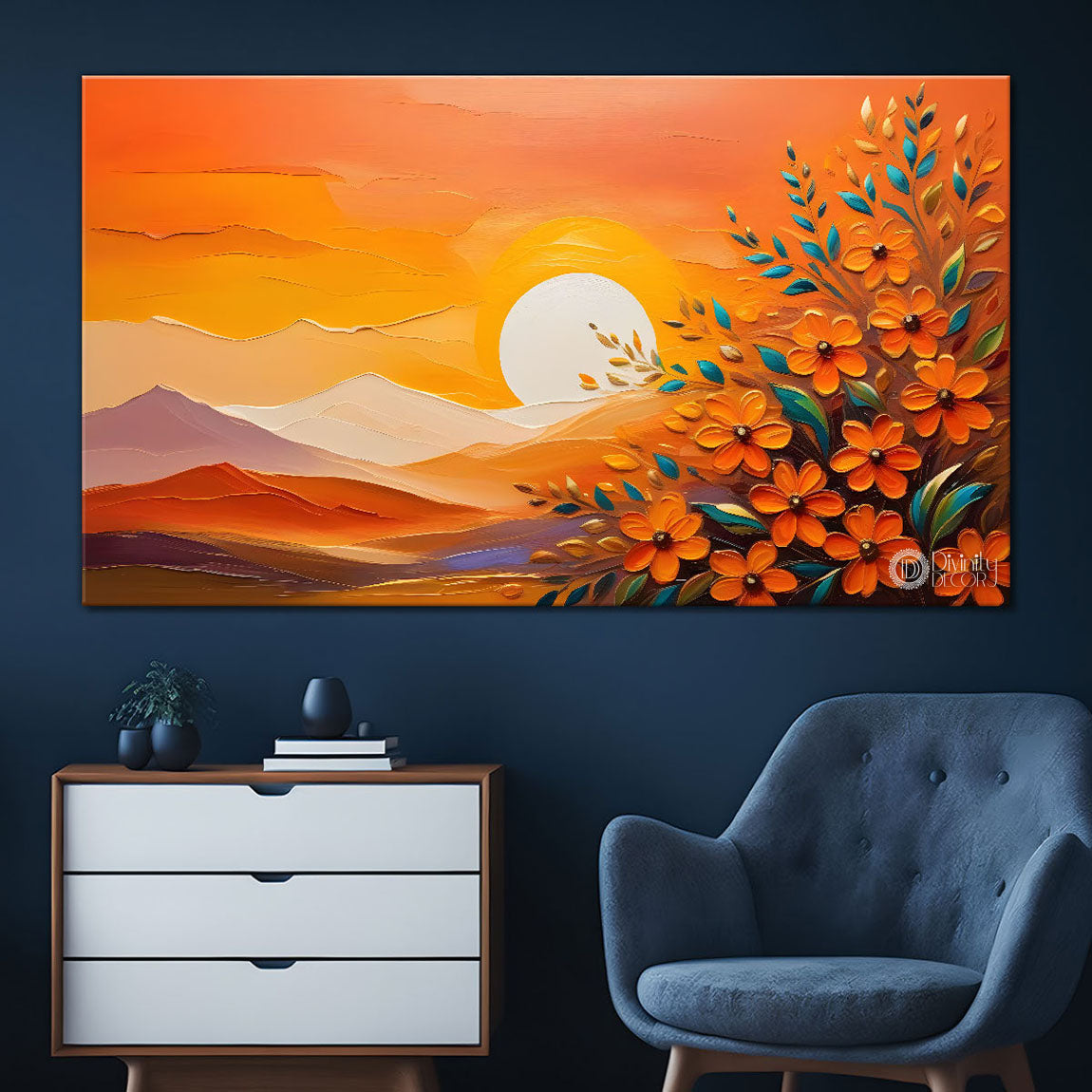 Mountains with flowers and sunset painting Canvas Painting - Nature Art -250