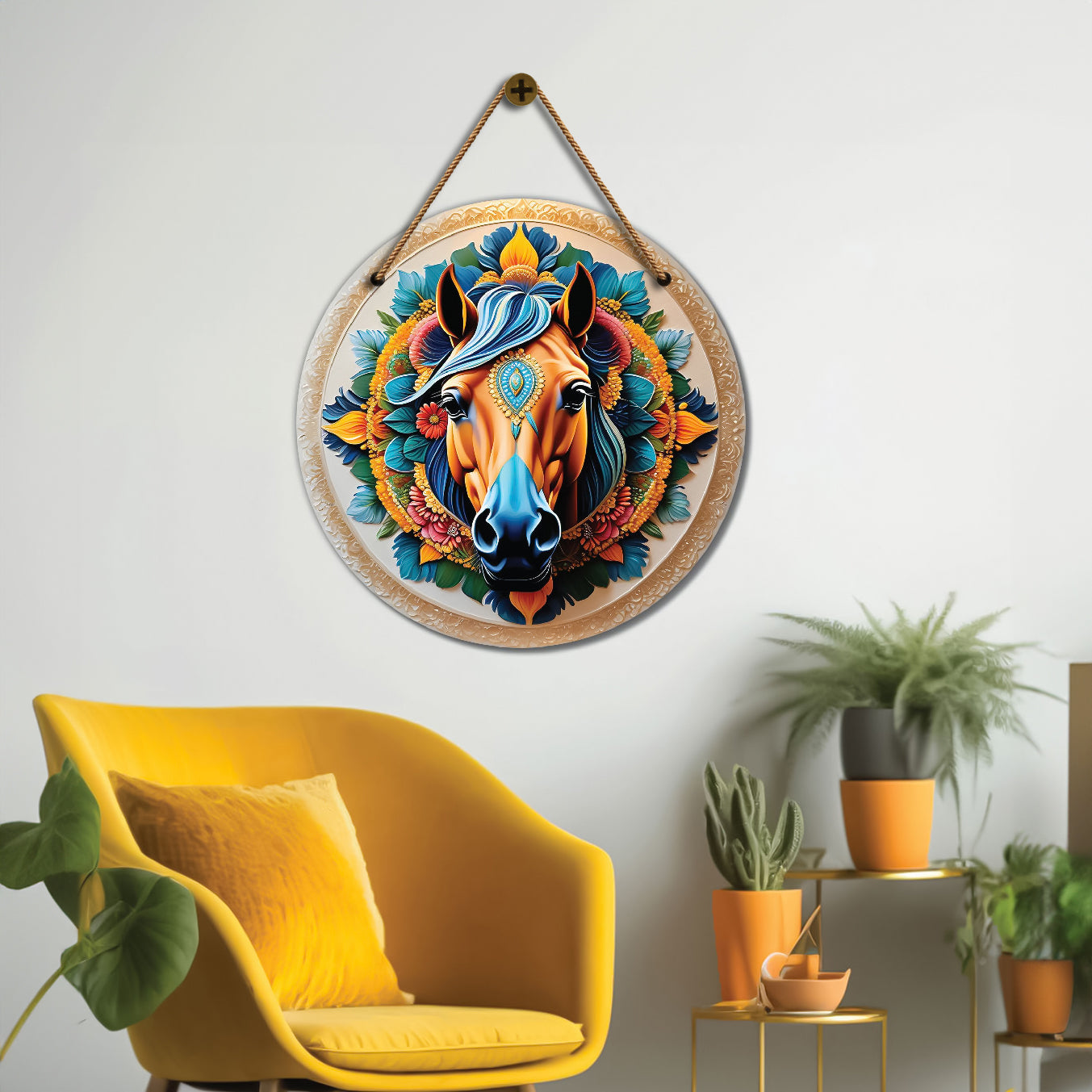 Horse in green and orange mandala Round Wooden Wall Hanging for wall Décor - Design - 251