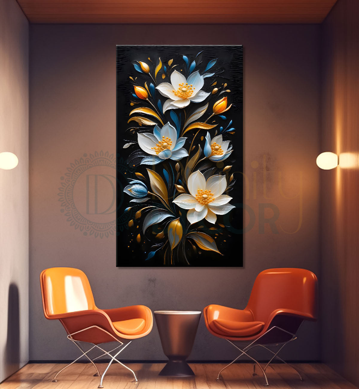 White and blue flowers in black textured painting- Flower-V-251