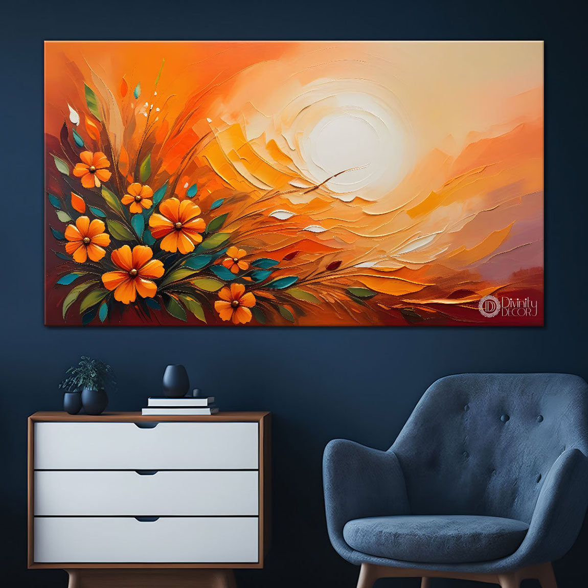Flowers with sun textured painting Canvas Painting - Nature Art -252