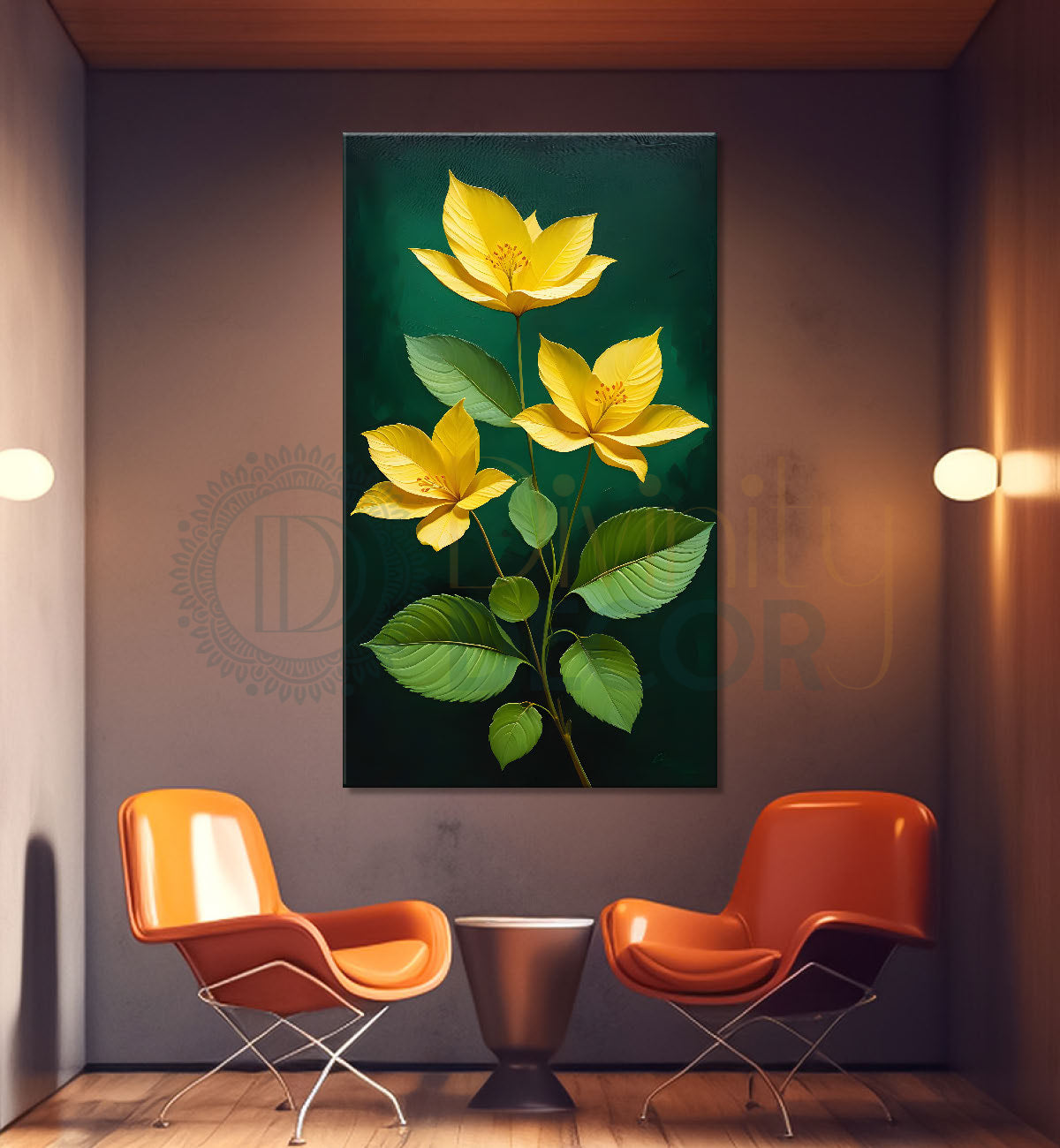 Yellow flowers with green textured painting- Flower-V-252