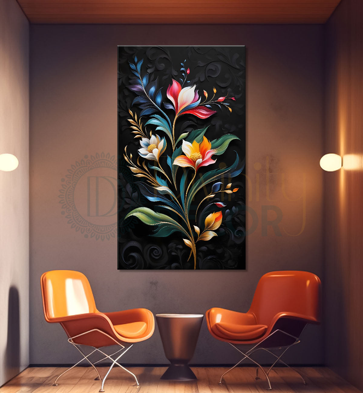 Colourful flowers in dark textured painting- Flower-V-253