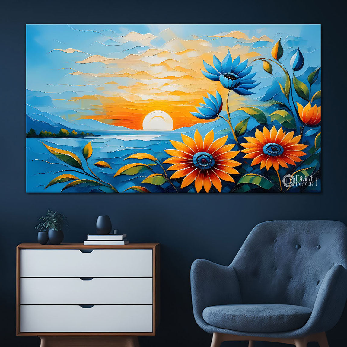 Flowers with sunset textured painting Canvas Painting - Nature Art -253