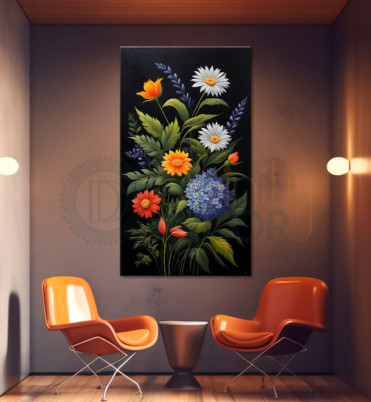 Colourful flowers in dark textured painting- Flower-V-254