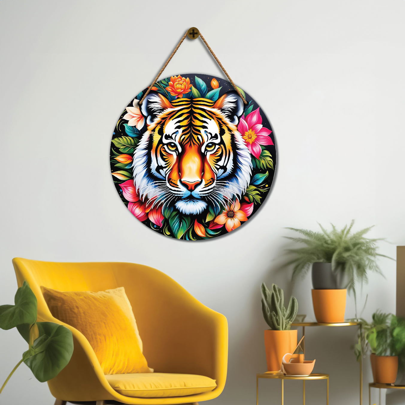 Tiger in green and pink mandala Round Wooden Wall Hanging for wall Décor - Design - 254