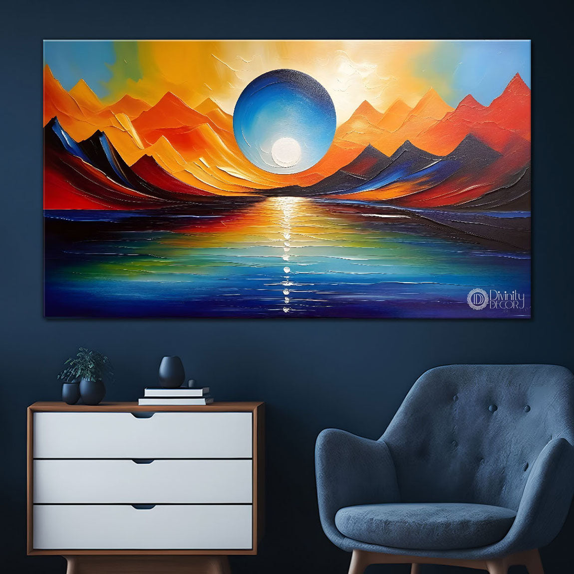 Mountains with sun in textured painting Canvas Painting - Nature Art -254