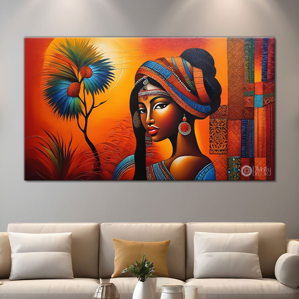 Tribal lady with bright background textured art Canvas Painting - Design - Modern-L-255