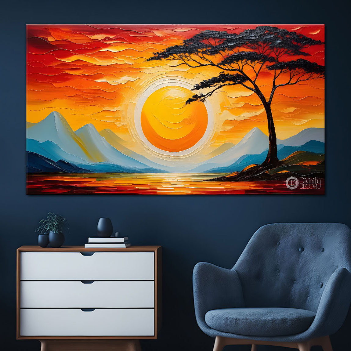 Mountains with tree and sun painting Canvas Painting - Nature Art -255