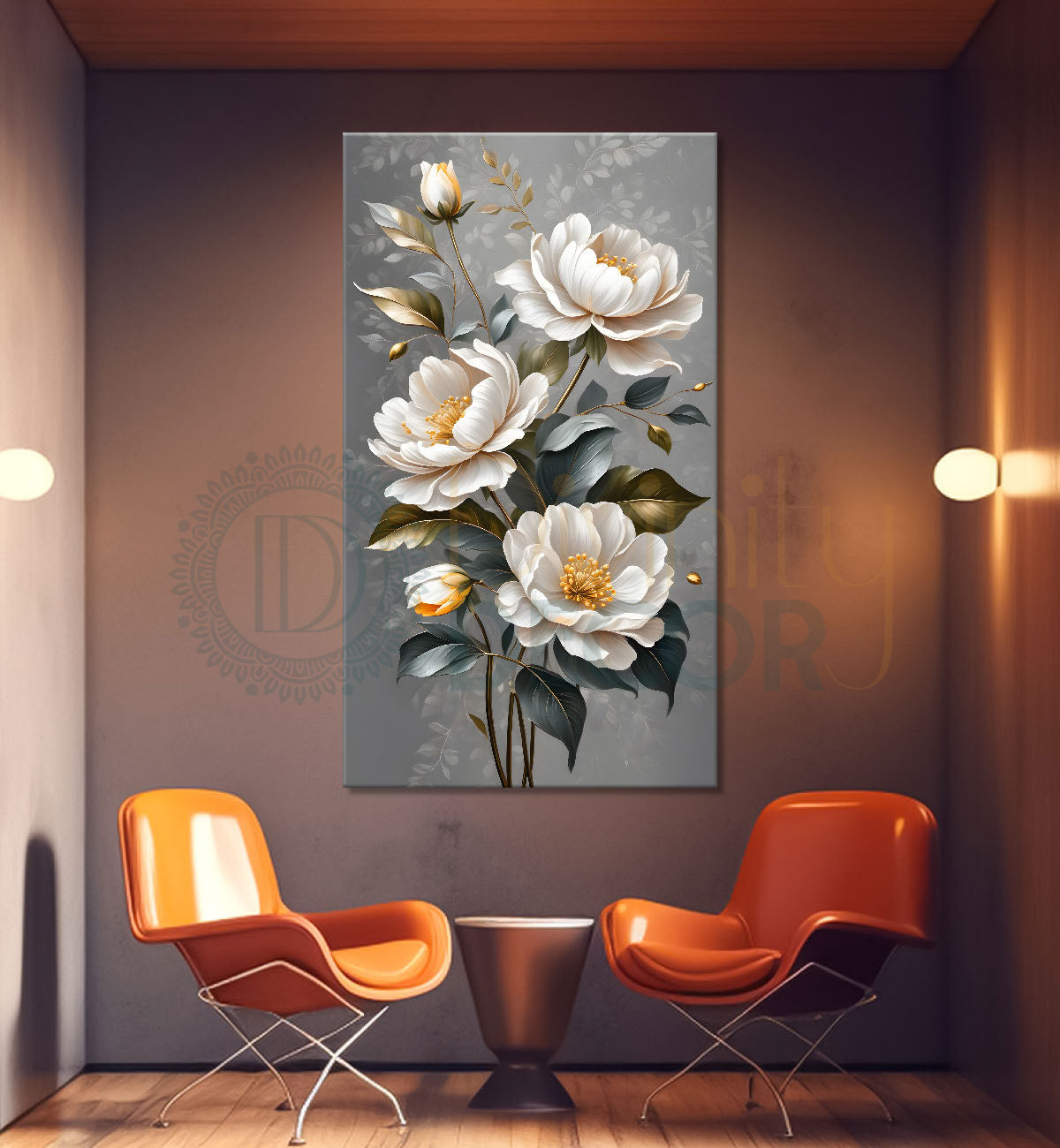 White flowers in grey textured background painting- Flower-V-256