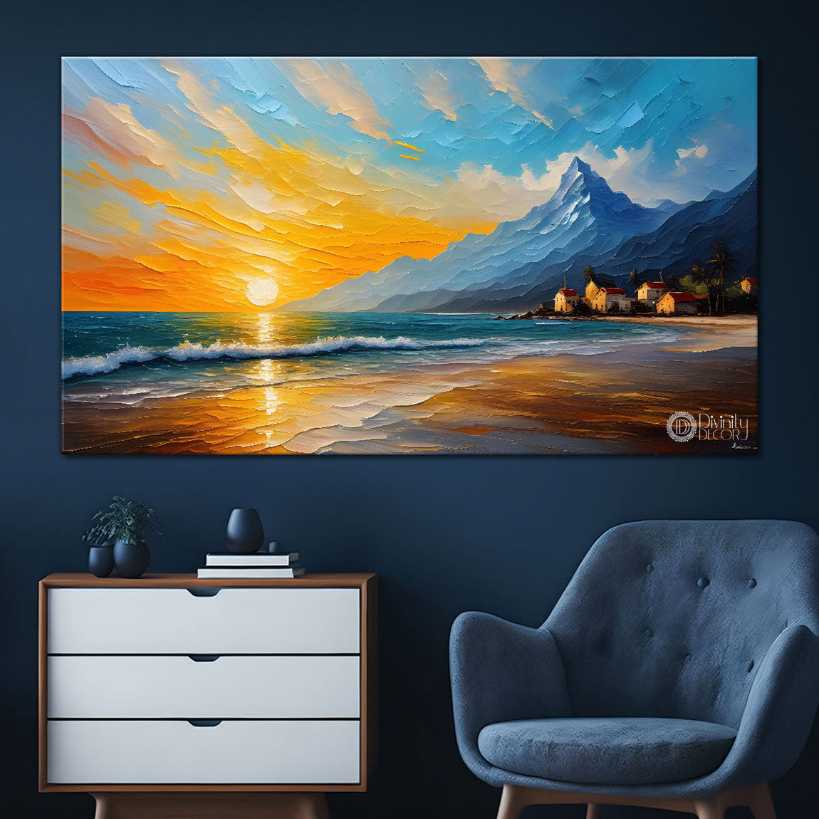 Mountains with sea and sun painting Canvas Painting - Nature Art -256
