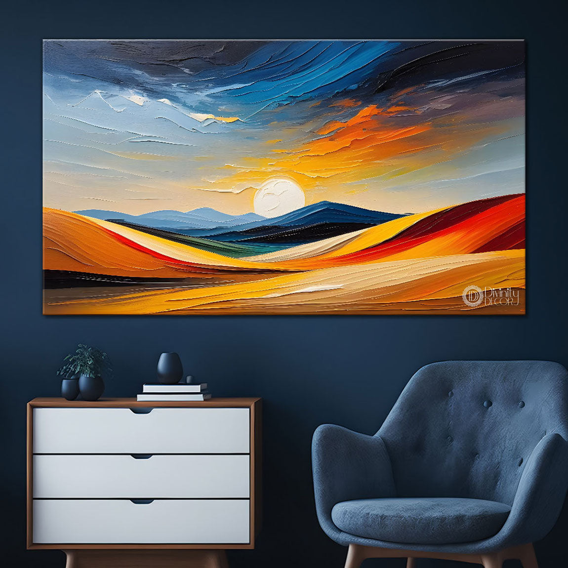 Mountains with sun in textured painting Canvas Painting - Nature Art -257