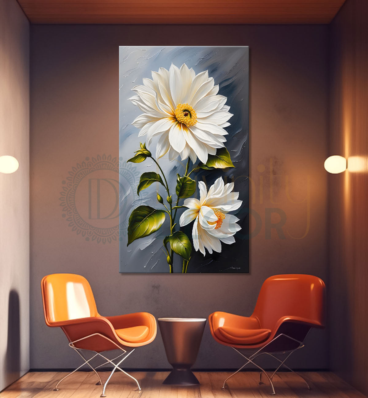 White flowers in grey textured background painting- Flower-V-257