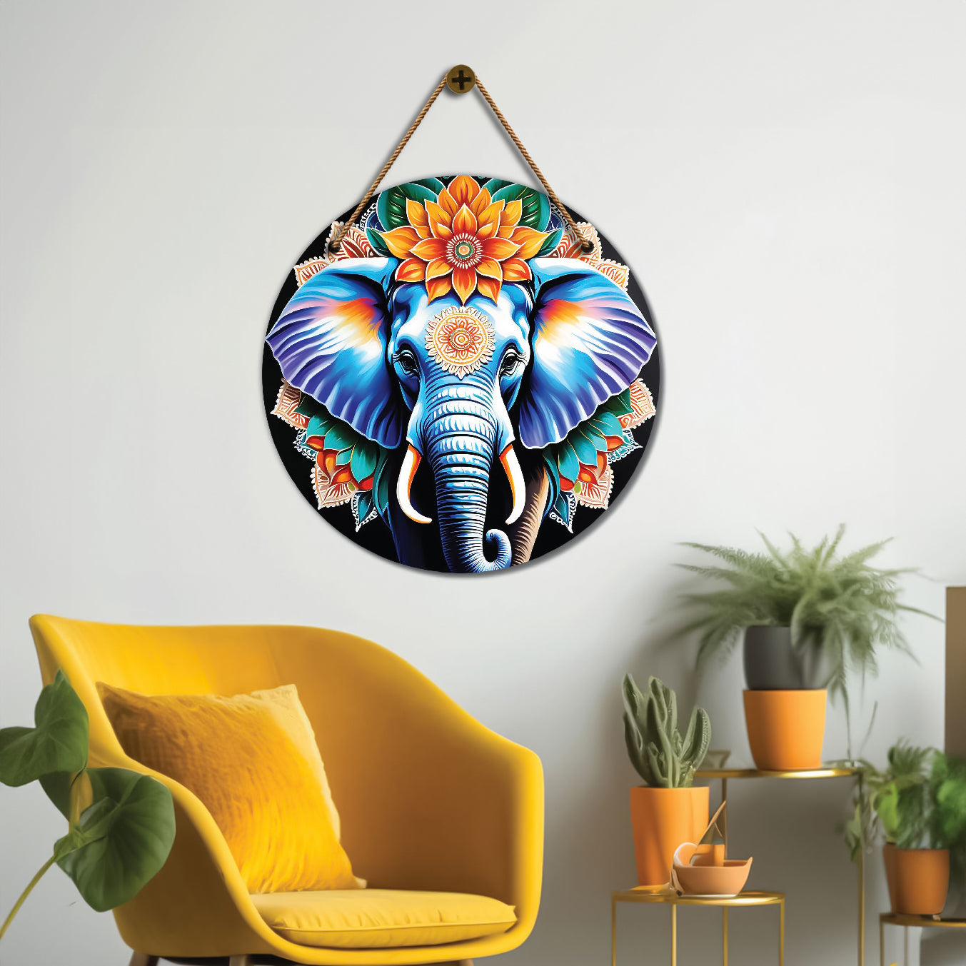Elephant in green and orange mandala Round Wooden Wall Hanging for wall Décor - Design - 257