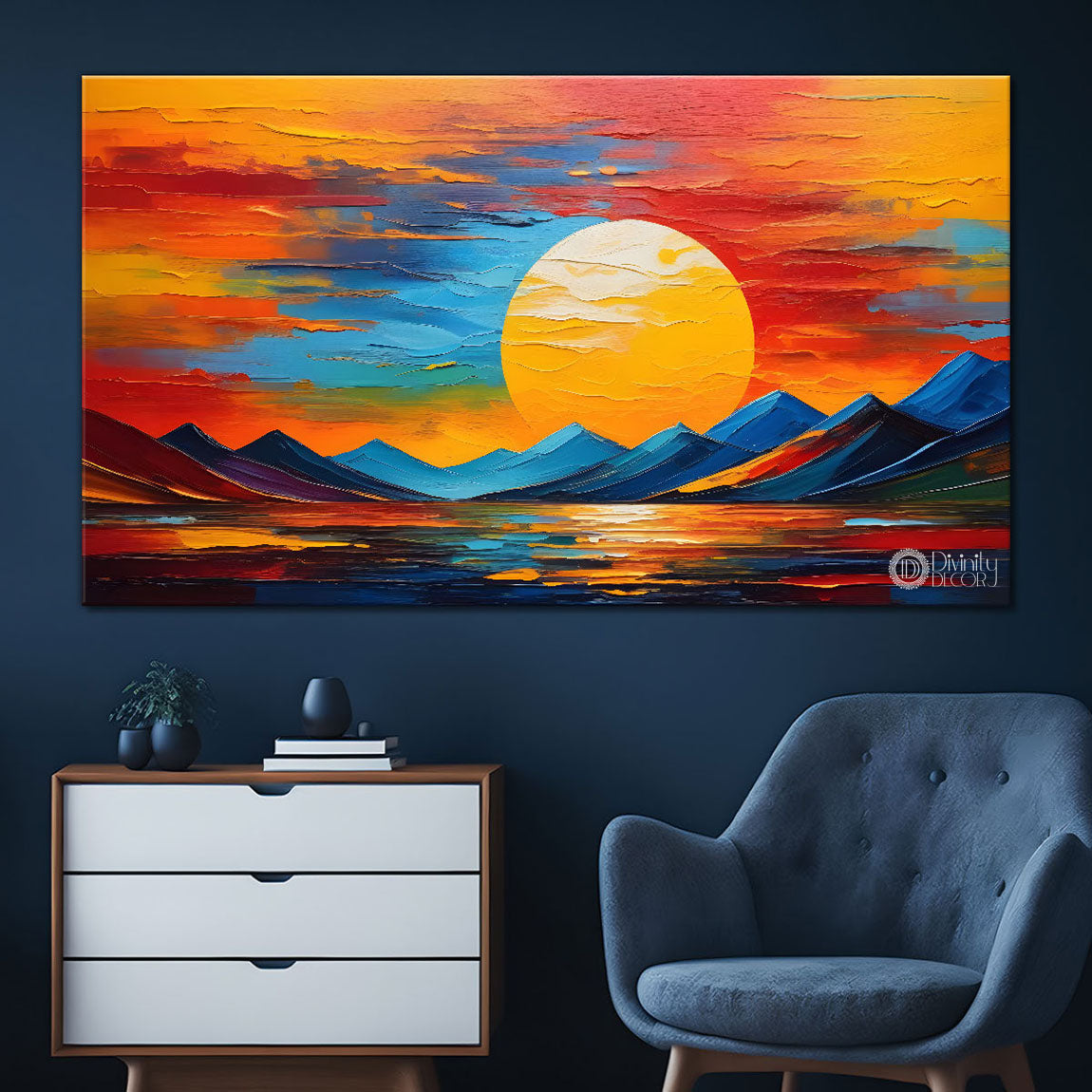 Mountains with sun in textured painting Canvas Painting - Nature Art -258