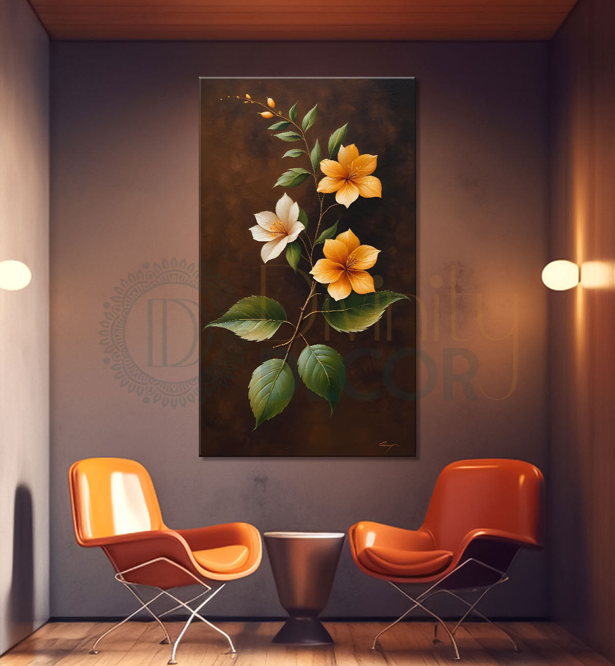 Orange flowers in brown textured background painting- Flower-V-259