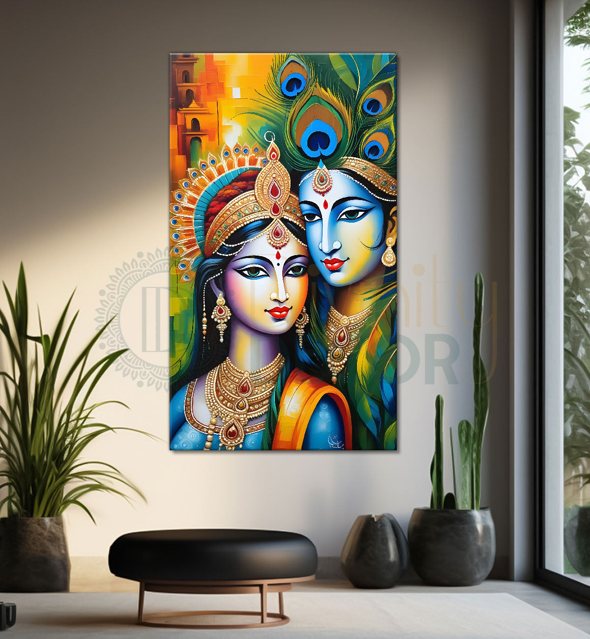 Blue face of krishna with radha in orange background textured art Canvas Painting - Design - Krishna-V-25