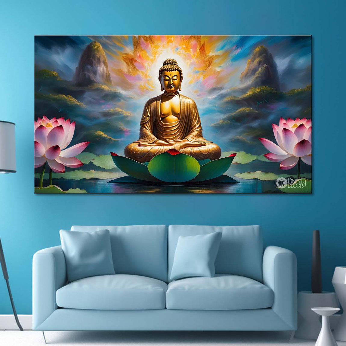 Golden buddha with the lotus background textured painting Canvas Wall Painting - Buddha-260