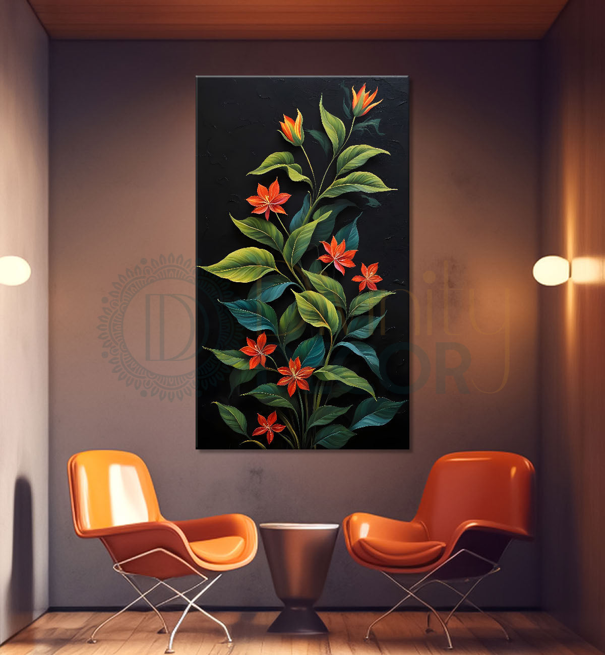 Red flowers in dark textured background painting- Flower-V-260