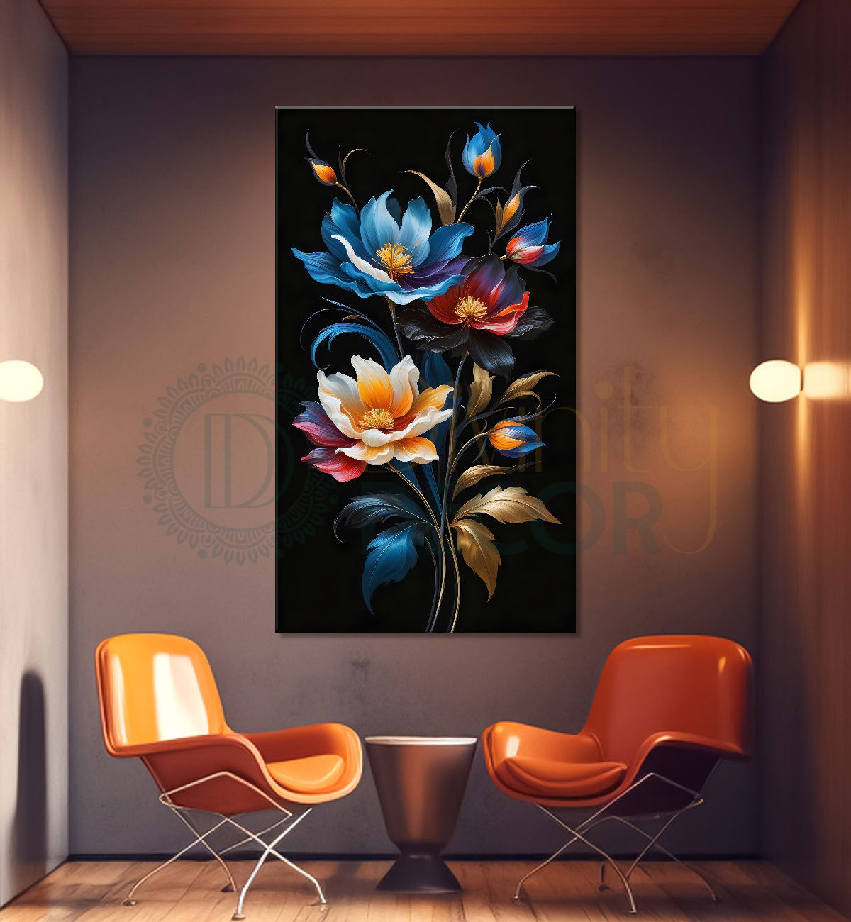 Colourful flowers in dark textured painting- Flower-V-261