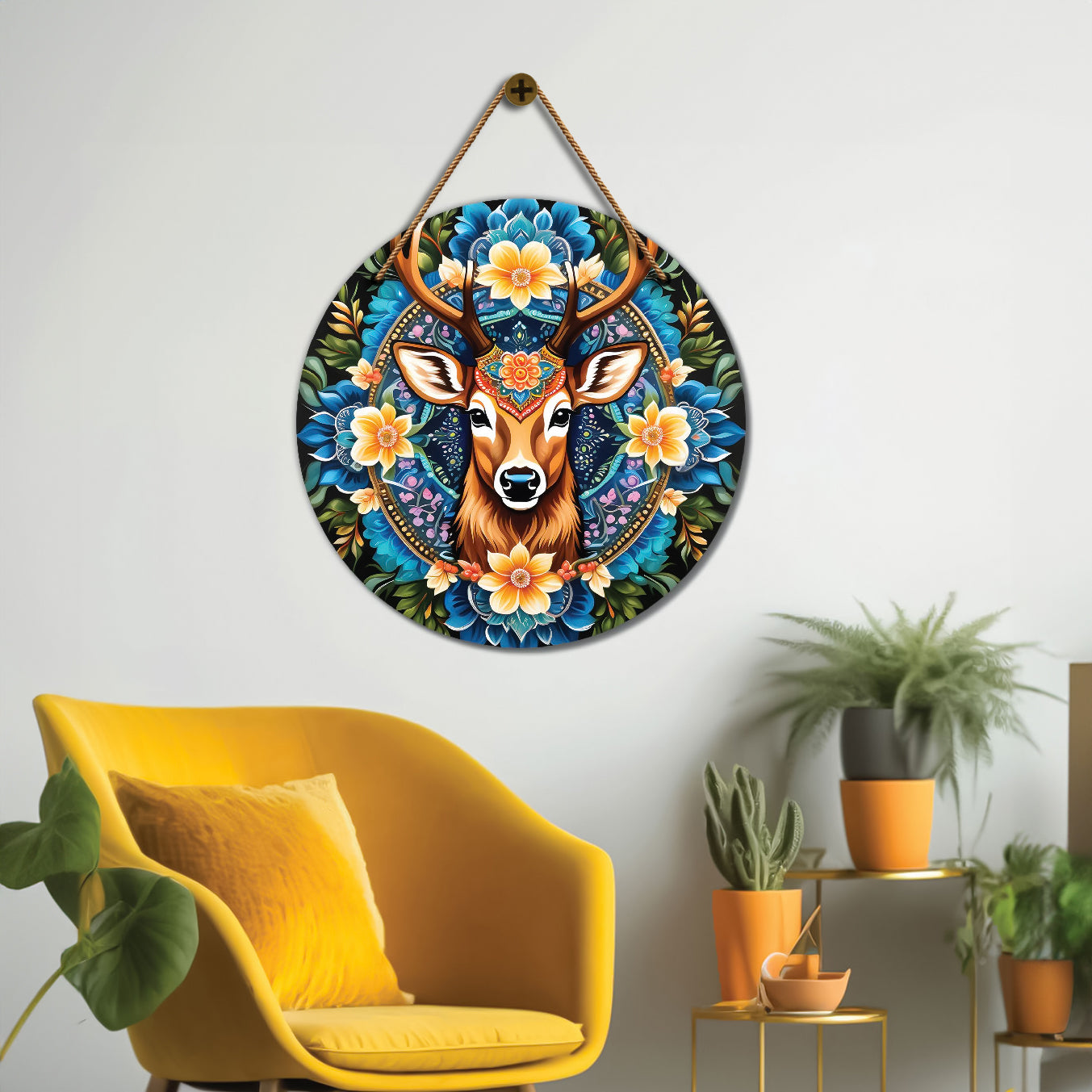 Deer in blue and floral mandala Round Wooden Wall Hanging for wall Décor - Design - 261