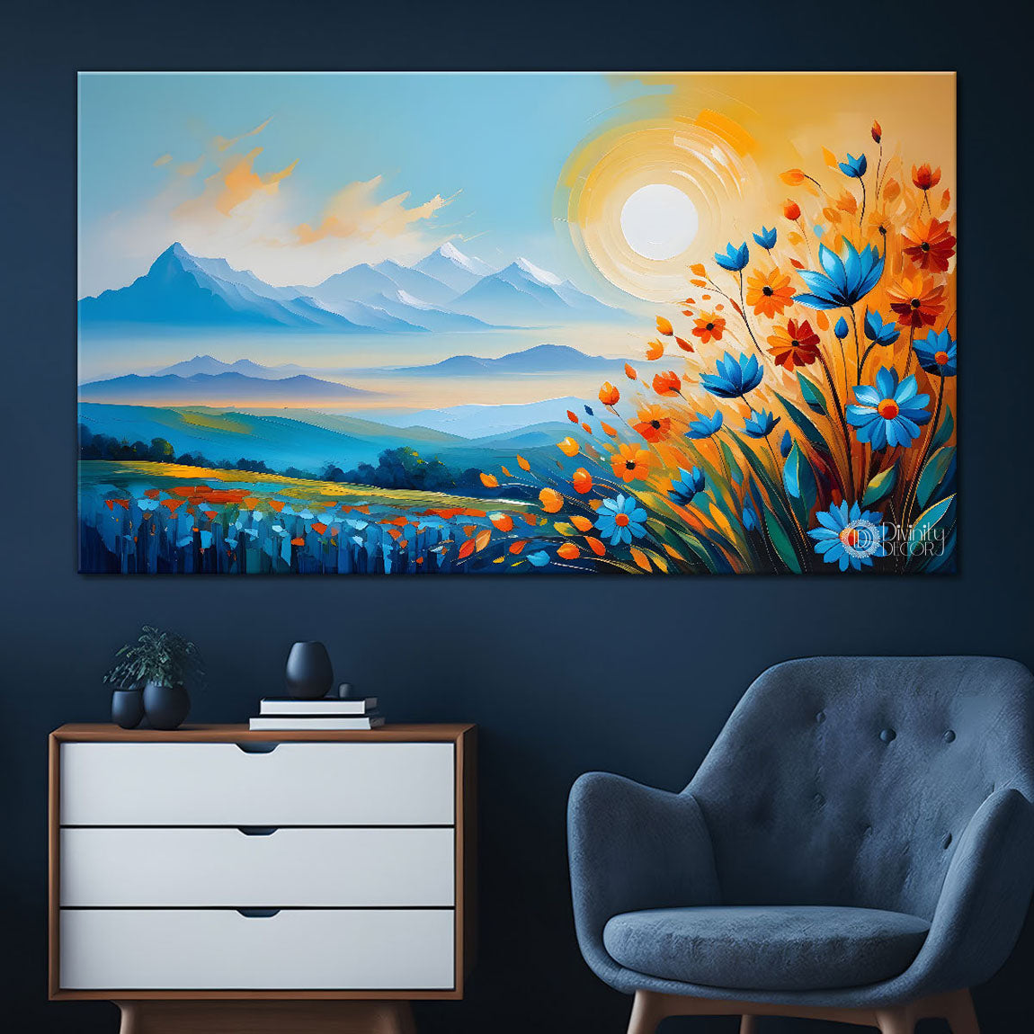 Mountains with flowers and sunset painting Canvas Painting - Nature Art -261
