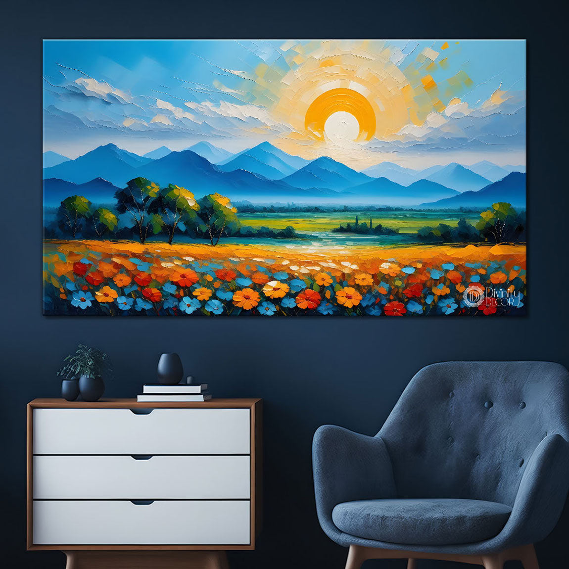 Mountains with flowers and sunset painting Canvas Painting - Nature Art -262