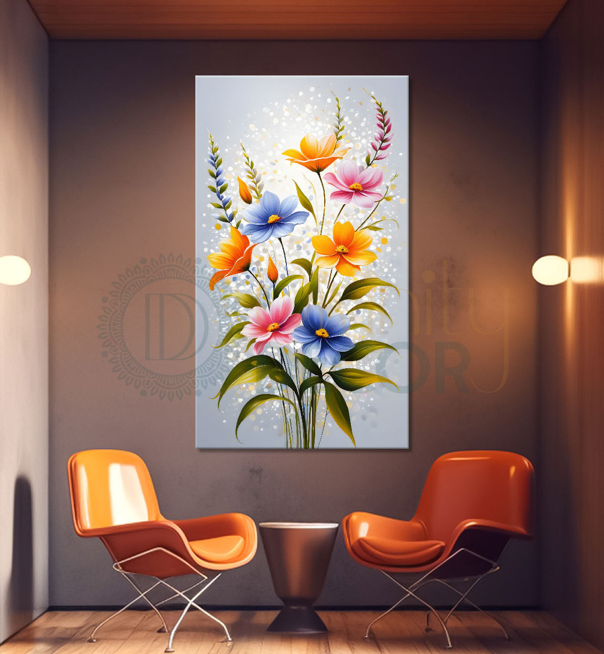 Orange flowers in grey textured background painting- Flower-V-262