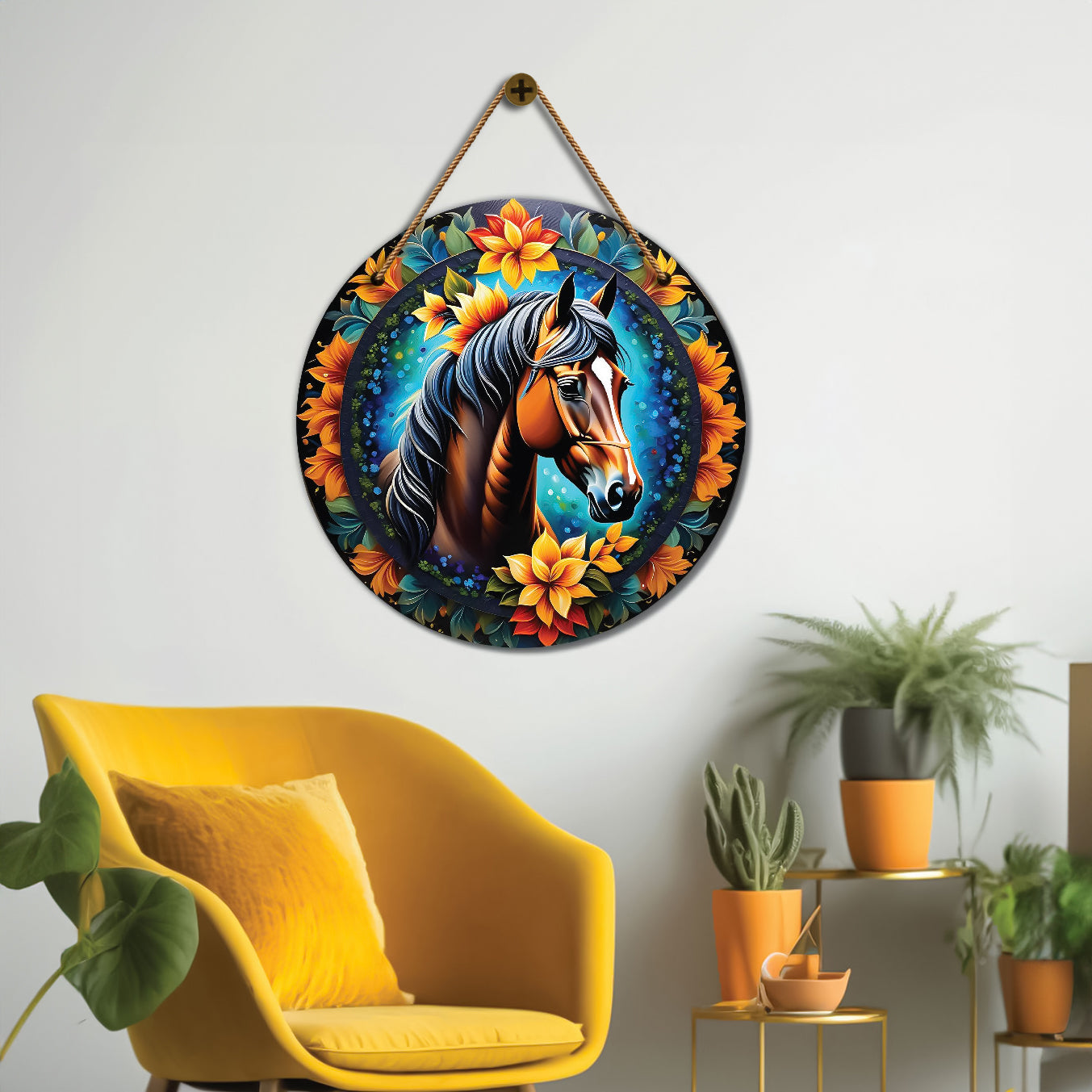 Horse in blue and orange mandala Round Wooden Wall Hanging for wall Décor - Design - 262