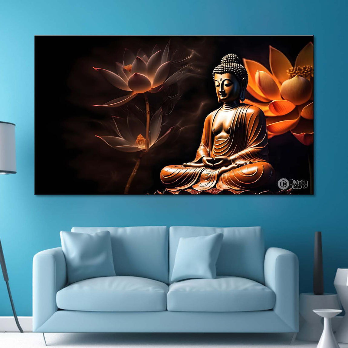 Golden buddha in orange background textured painting Canvas Wall Painting - Buddha-263