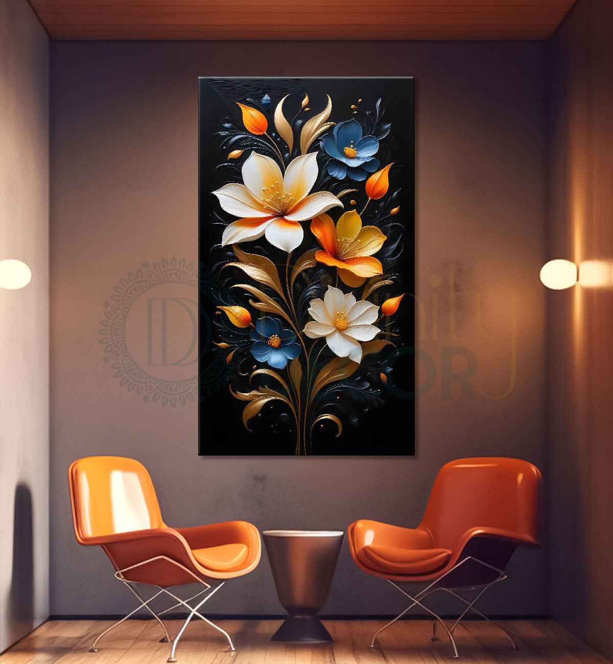 Colourful flowers in black textured background painting- Flower-V-263