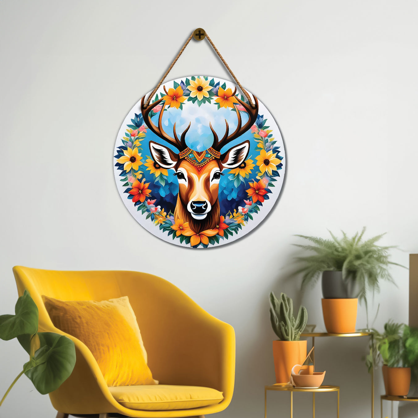 Deer in blue and floral mandala Round Wooden Wall Hanging for wall Décor - Design - 263