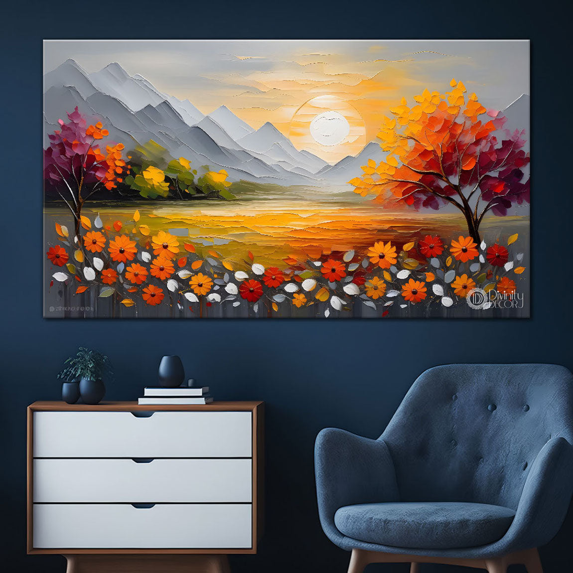 Mountains with flowers and sunset painting Canvas Painting - Nature Art -263