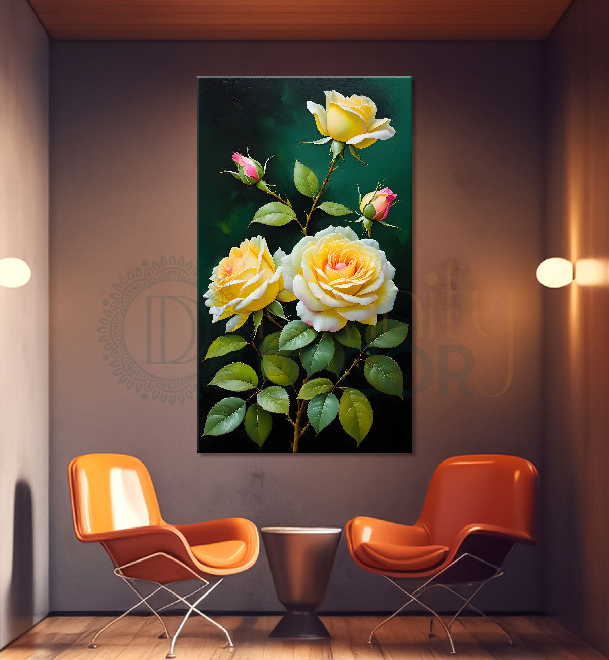 Yellow flowers in green textured background painting- Flower-V-264