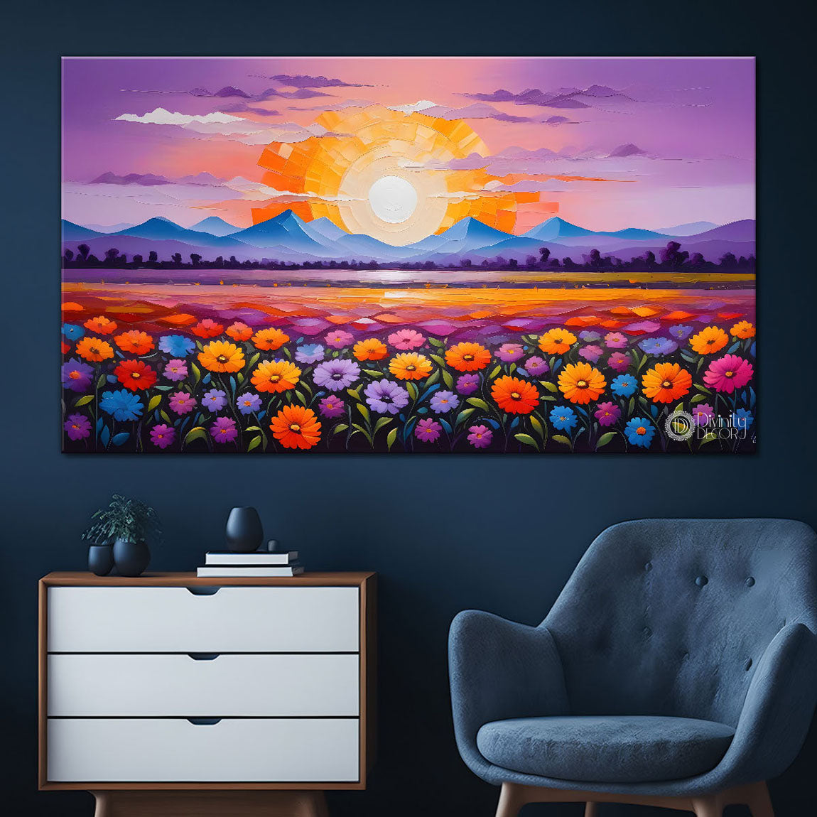 Mountains with flowers and sunset painting Canvas Painting - Nature Art -264