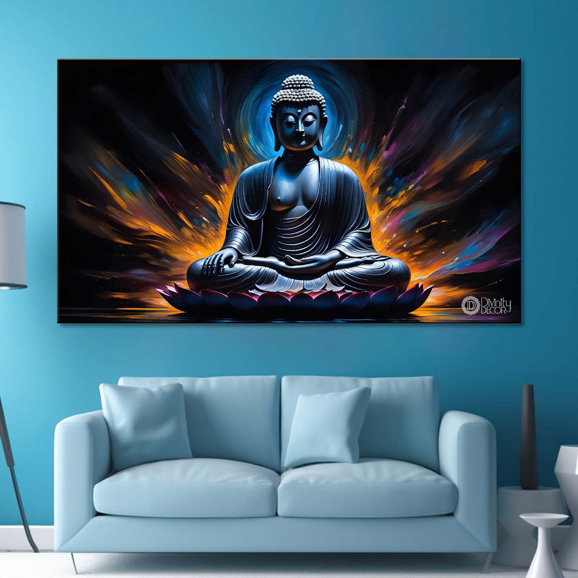 Blue buddha in orange background textured painting Canvas Wall Painting - Buddha-265