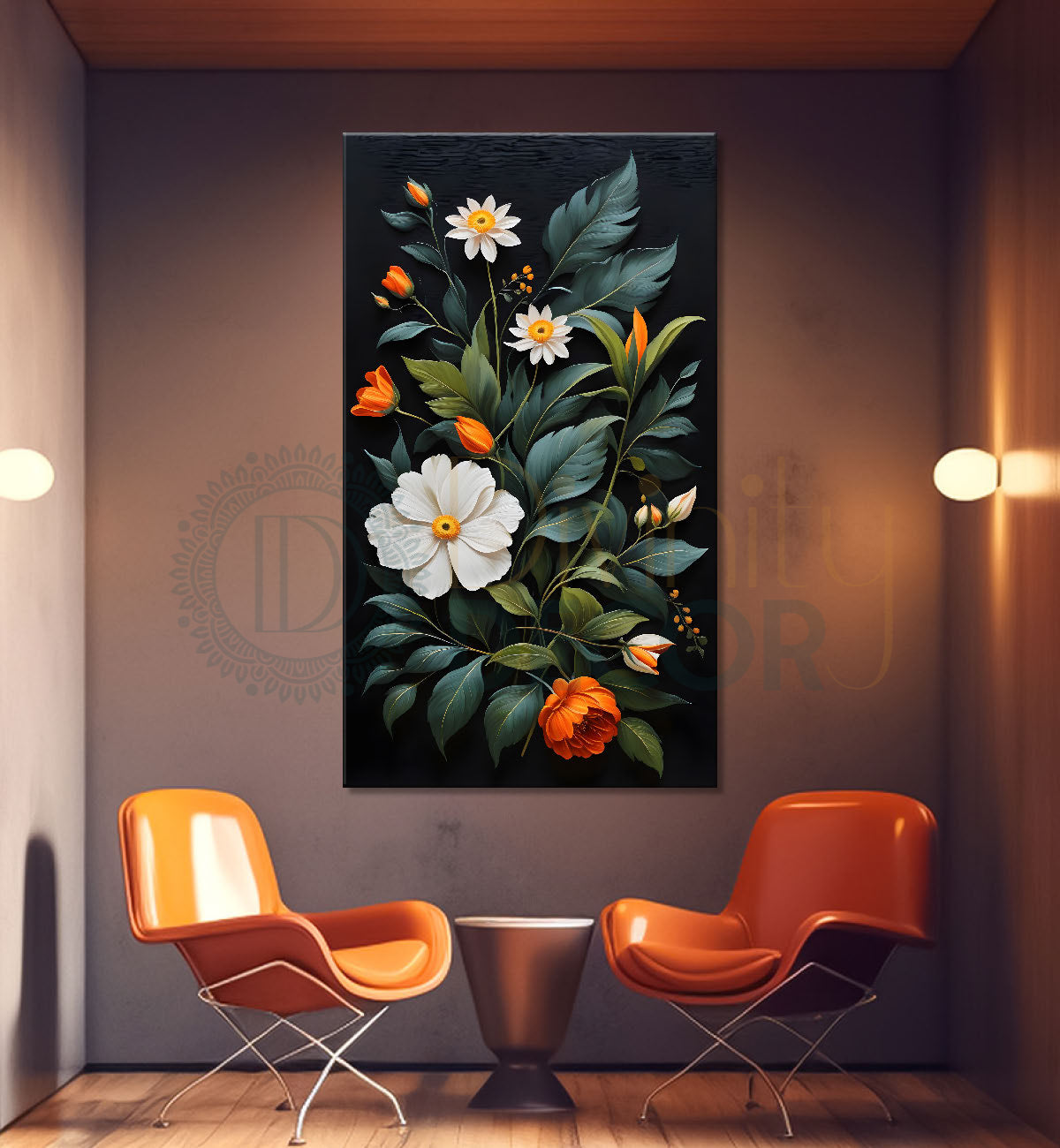 White flowers in green textured background painting Flower-V-265