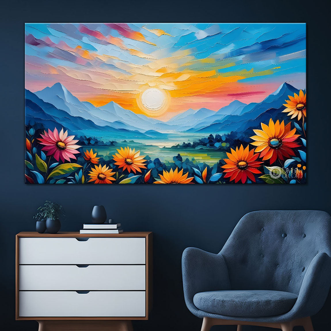 Mountains with flowers and sunset painting Canvas Painting - Nature Art -265