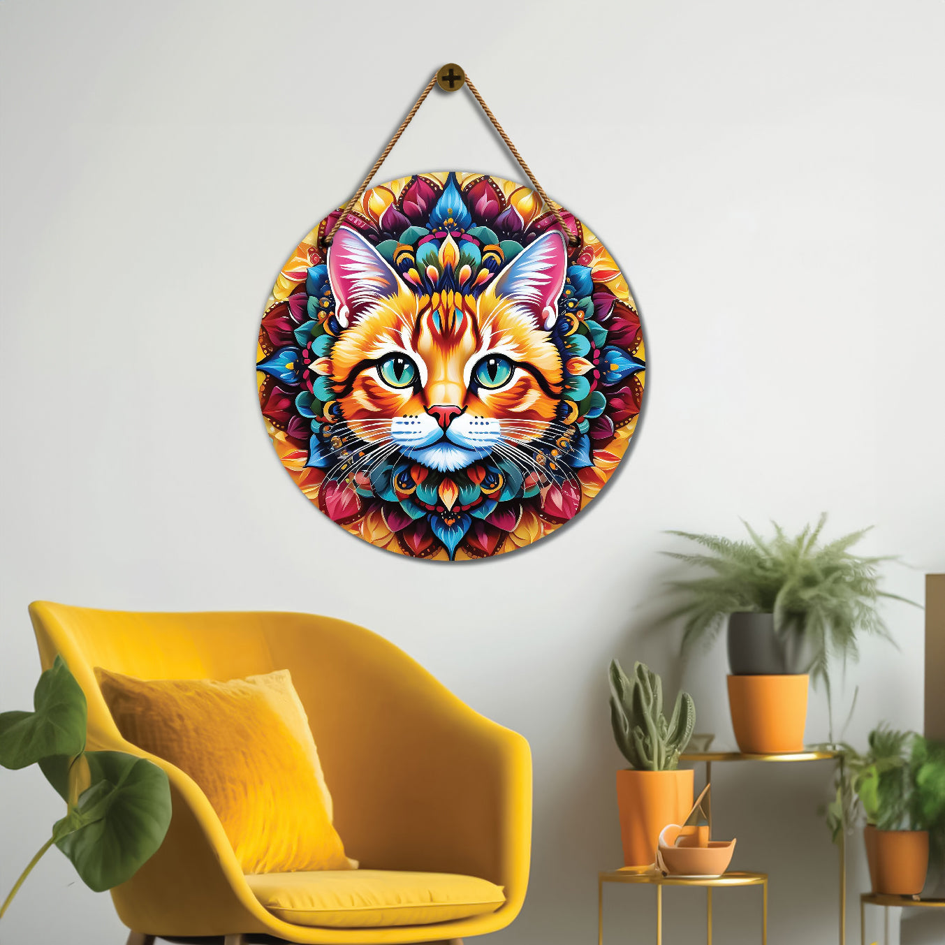 Cat in blue and yellow mandala Round Wooden Wall Hanging for wall Décor - Design - 266