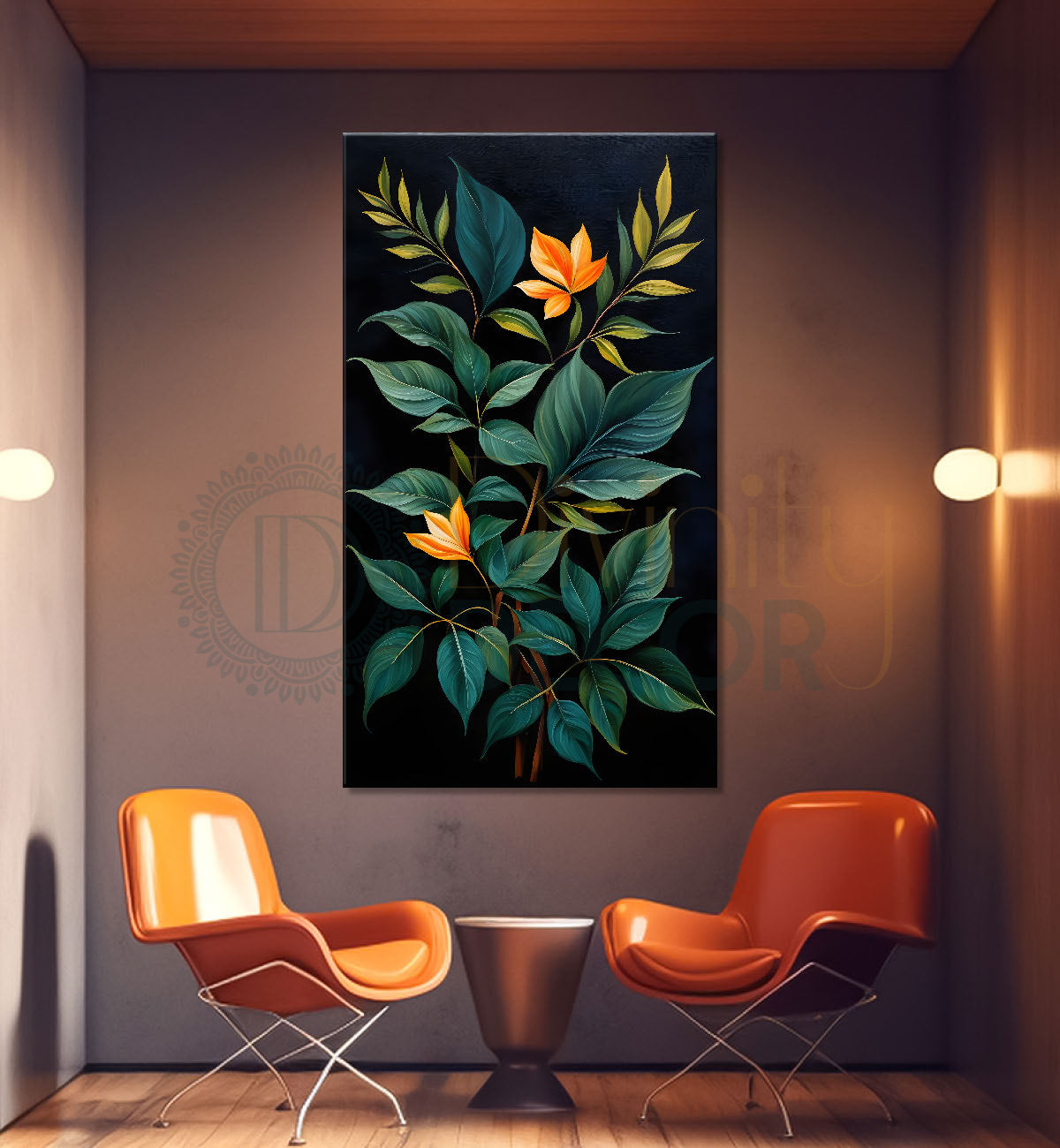 Orange flowers with leaves in dark textured background painting- Flower-V-266
