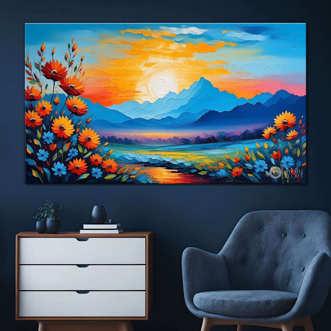 Mountains with flowers and sunset painting Canvas Painting - Nature Art -267